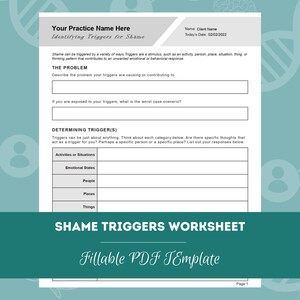 以下が含まれることがあります： 「恥のトリガーワークシート」というタイトルの印刷可能なワークシートで、緑色の背景に白いテキストが書かれています。このワークシートは、恥の感情に寄与するトリガーを特定し、理解するのに役立ちます。問題の説明、トリガーの特定、トリガーとして機能する特定の思考、活動、感情状態、人、場所、物のリストを作成するためのセクションが含まれています。