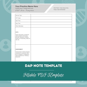 Puede incluir: Una plantilla de nota DAP imprimible para terapeutas. La plantilla incluye secciones para el tipo de servicio, el código CPT, las horas de inicio y finalización, otros asistentes, datos y evaluación.