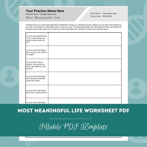 May include: A printable worksheet titled "Most Meaningful Life Worksheet PDF" with a fill-in-the-blank format to help identify life scenarios that would cause you to have your most meaningful life. The worksheet includes prompts such as "If you could choose any career, what would you do?" and "In your most meaningful life, where would you live?"