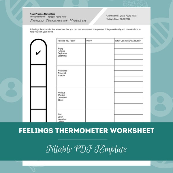 Fiche de travail sur le thermomètre des sentiments | Modèle PDF modifiable/remplissable | Pour les conseillers, psychologues, travailleurs sociaux, thérapeutes