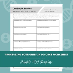 May include: A printable worksheet titled "Processing Your Grief in Divorce" with a green background and white text. The worksheet is divided into two columns with questions about divorce and grief. The questions include: "What aspects of divorce do you find most painful?", "What are you most worried about?", "What are you most resentful about?", "What do you regret most about your divorce?", "What do you miss most?", "What aspects of divorce do you find most beautiful?", "What are you most hopeful about?", "What are you most at peace with?", "What do you accept and appreciate most?", and "What do you look forward to most now?"