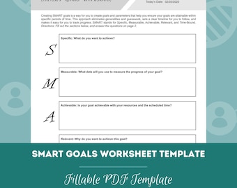 May include: A printable SMART goals worksheet template with a green and blue color scheme. The worksheet is titled "SMART Goals Worksheet Template" and includes the acronym SMART, which stands for Specific, Measurable, Achievable, Relevant, and Time-Bound. The worksheet is designed to help users set and achieve goals.