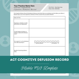 Feuille de travail du dossier de défusion cognitive ACT | PDF modifiable/remplissable | Pour les conseillers, psychologues, travailleurs sociaux, thérapeutes, psychiatres