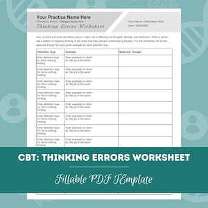 CBT: Thinking Errors Worksheet | Editable / Fillable PDF | For Counselors, Psychologists, Psychiatrists, Social Workers, Therapists