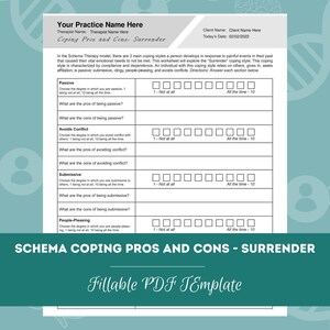 Schema Coping Pros and Cons - Surrender | Editable / Fillable PDF Template | For Counselors, Psychologists, Therapists