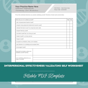 Puede incluir: Una hoja de trabajo imprimible en blanco y negro titulada "Validating Self Worksheet" con una lista de verificación de indicaciones de autovalidación. La hoja de trabajo incluye una sección para describir una situación en la que te validaste recientemente y una sección para enumerar tres afirmaciones de validación que te hiciste a ti mismo. La hoja de trabajo está diseñada para ser rellenada a mano.