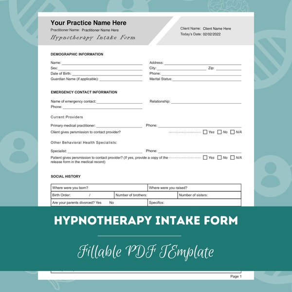 Hypnotherapy Intake Form | Editable / Fillable PDF Template | For Counselors, Psychologists, Social Workers, Therapists
