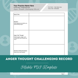 Anger Thought Challenging Record Worksheet | Editable / Fillable PDF | For Counselors, Psychologists, Social Workers, Therapists
