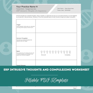 Könnte beinhalten: Ein druckbares Arbeitsblatt mit dem Titel "ERP Intrusive Thoughts and Compulsions Worksheet" mit Abschnitten für "Trigger", "Intrusive Thought(s)", "Belief" und "Feared Outcome". Das Arbeitsblatt enthält eine Skala von 0 bis 10, um den Glauben an intrusive Gedanken zu bewerten.