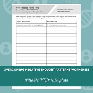 Könnte beinhalten: Ein druckbares Arbeitsblatt mit dem Titel "Overcoming Negative Thought Patterns Worksheet" und dem Text "Fillable PDF Template" am unteren Rand. Das Arbeitsblatt soll Menschen helfen, negative Denkmuster zu identifizieren und in Frage zu stellen, indem sie einen negativen Gedanken und dann einen ausgeglicheneren Gedanken aufschreiben.