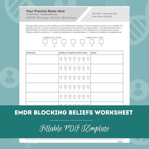 EMDR Blocking Beliefs Worksheet Editable / Fillable PDF Template