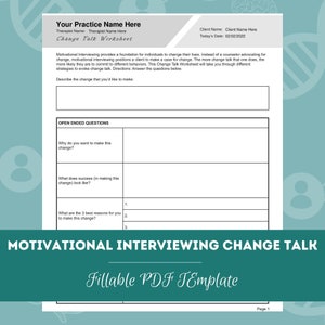 Motivational Interviewing Change Talk | Editable / Fillable PDF Template | For Counselors, Psychologists, Social Workers, Therapists