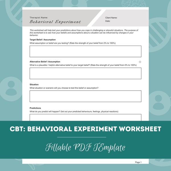 CBT: Behavioral Experiment Worksheet  | Editable / Fillable PDF | For Counselors, Psychologists, Psychiatrists, Social Workers, Therapists