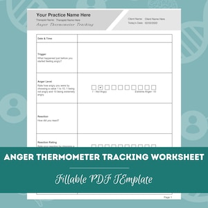 Puede incluir: Una hoja de trabajo de seguimiento del termómetro de la ira imprimible con un título que dice "Hoja de trabajo de seguimiento del termómetro de la ira" y un subtítulo que dice "Plantilla de PDF rellenable". La hoja de trabajo está dividida en secciones para la fecha y la hora, el desencadenante, el nivel de ira, la reacción y la calificación de la reacción. La sección del nivel de ira incluye una escala del 1 al 10, siendo 1 no estar enojado y 10 estar extremadamente enojado. La hoja de trabajo está diseñada para ayudar a las personas a rastrear sus niveles de ira y reacciones.