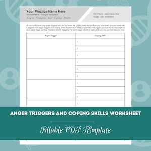 Anger Triggers and Coping Skills Worksheet | Editable / Fillable PDF Template | For Counselors, Psychologists, Therapists