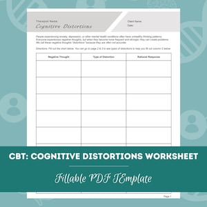 CBT: werkblad cognitieve vervormingen | Bewerkbare/invulbare PDF | Voor counselors, psychologen, psychiaters, therapeuten