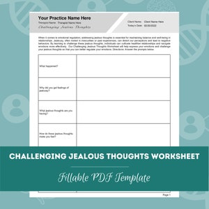 Puede incluir: Una hoja de trabajo imprimible titulada "Challenging Jealous Thoughts Worksheet" con un formato para completar para ayudar a las personas a identificar y desafiar los pensamientos celosos. La hoja de trabajo está diseñada para ayudar a las personas a regular sus emociones y mejorar sus relaciones.