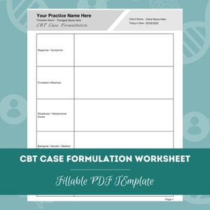 Może przedstawiać: Czarno-biały, drukowalny szablon arkusza pracy do formułowania przypadków CBT. Arkusz pracy jest podzielony na cztery sekcje: Diagnoza/Objawy, Wpływy kształtujące, Problemy sytuacyjne/międzyosobowe oraz Biologiczne/Genetyczne/Medyczne. Arkusz pracy nosi tytuł "Arkusz pracy do formułowania przypadków CBT" i "Wypełnialny szablon PDF".