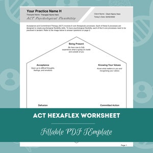 May include: A printable worksheet titled "ACT Hexaflex Worksheet" with a house-shaped diagram. The diagram is divided into six sections, each labeled with a core therapeutic process: Acceptance, Defusion, Being Present, Knowing Your Values, Committed Action, and Values. The worksheet is a fillable PDF template.