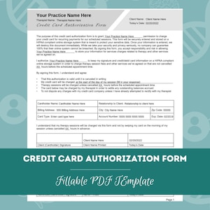 Credit Card Authorization Form | Editable / Fillable PDF Template | For Counselors, Psychologists, Social Workers, Therapists
