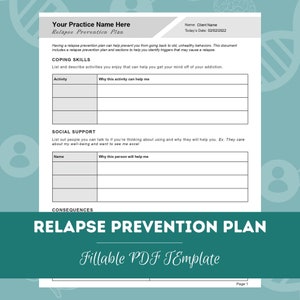 Relapse Prevention Plan Worksheet | Editable / Fillable PDF | For Counselors, Psychologists, Psychiatrists, Social Workers, Therapists