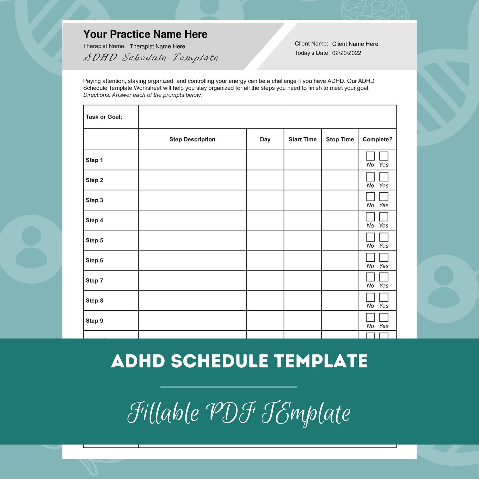 ADHD Schedule Template Worksheet Editable Fillable PDF For Counselors
