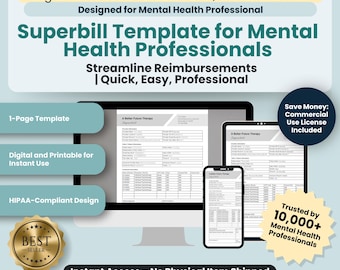 Superbill PDF Template for Mental Health / Counseling | Editable / Fillable PDF | Counselors, Psychologists, Psychiatrists, Therapists