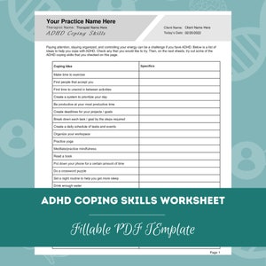 Op de afbeelding: Een printbaar werkblad met de titel "ADHD Coping Skills Worksheet" met een groen-blauw kleurenschema. Het werkblad bevat een lijst met copingvaardigheden voor mensen met ADHD, zoals tijd maken om te sporten, mensen vinden die je accepteren en een systeem creëren om je dag te prioriteren. Het werkblad is een invulbaar PDF-sjabloon.