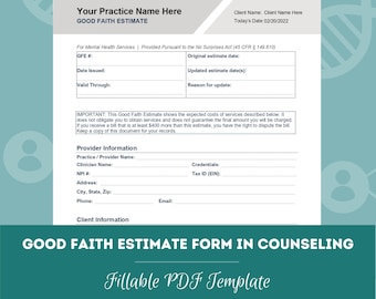 Good Faith Estimate Form for Mental Health Services | No Surprises Act Template for Therapists | Private Practice Form (PDF + Word Doc)