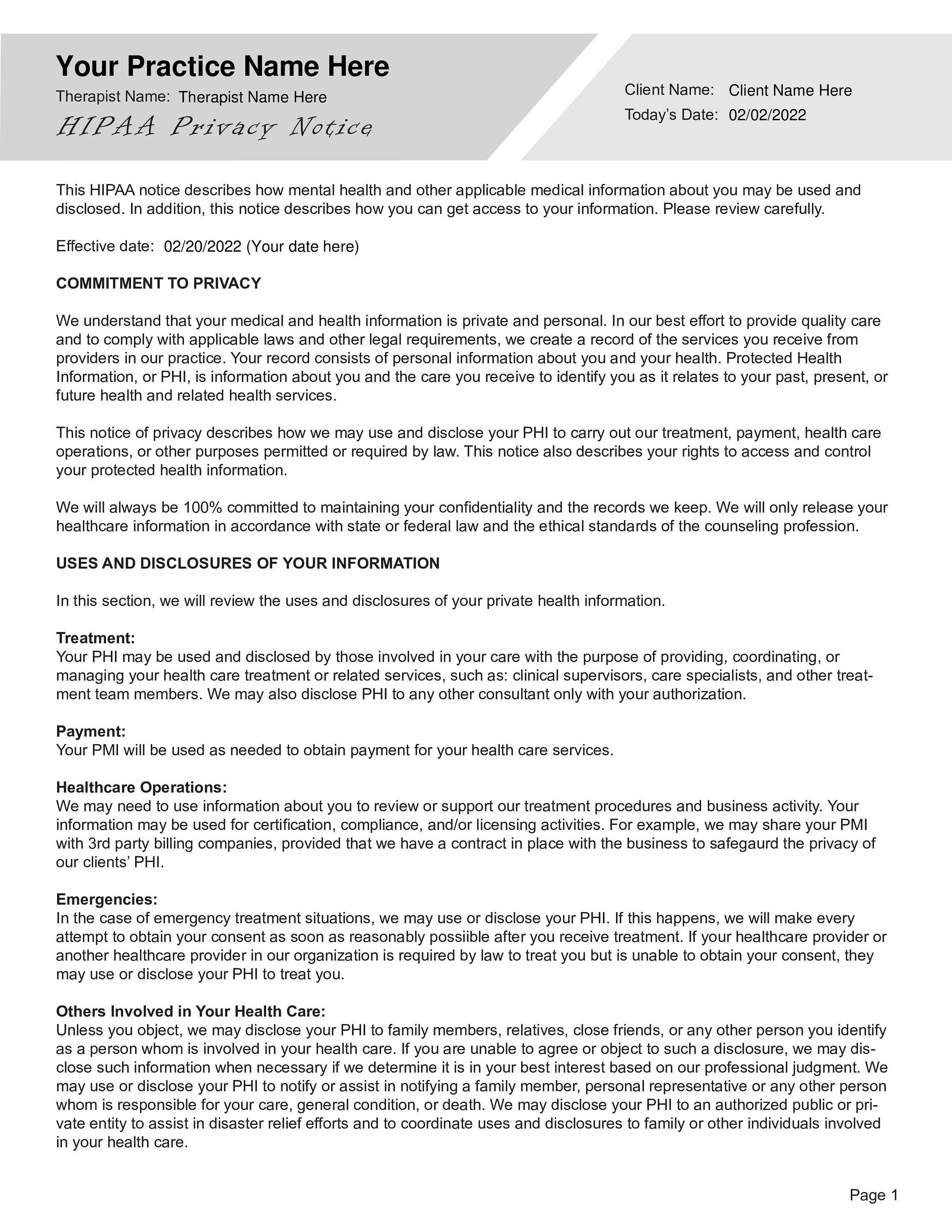 HIPAA Privacy Notice Template Editable / Fillable PDF Template for