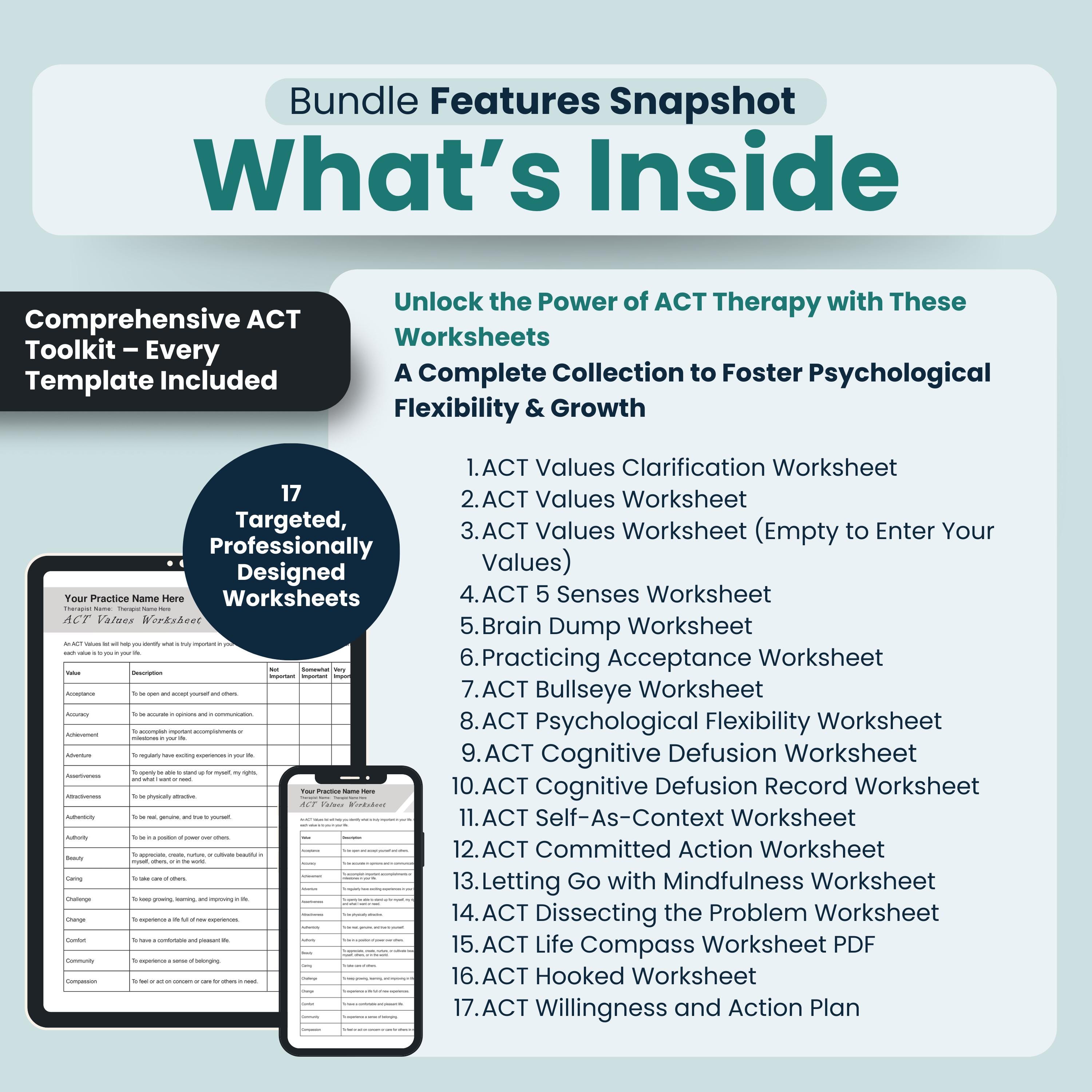 ACT Therapy Worksheets Bundle, 17 Fillable/printable PDF Templates ...