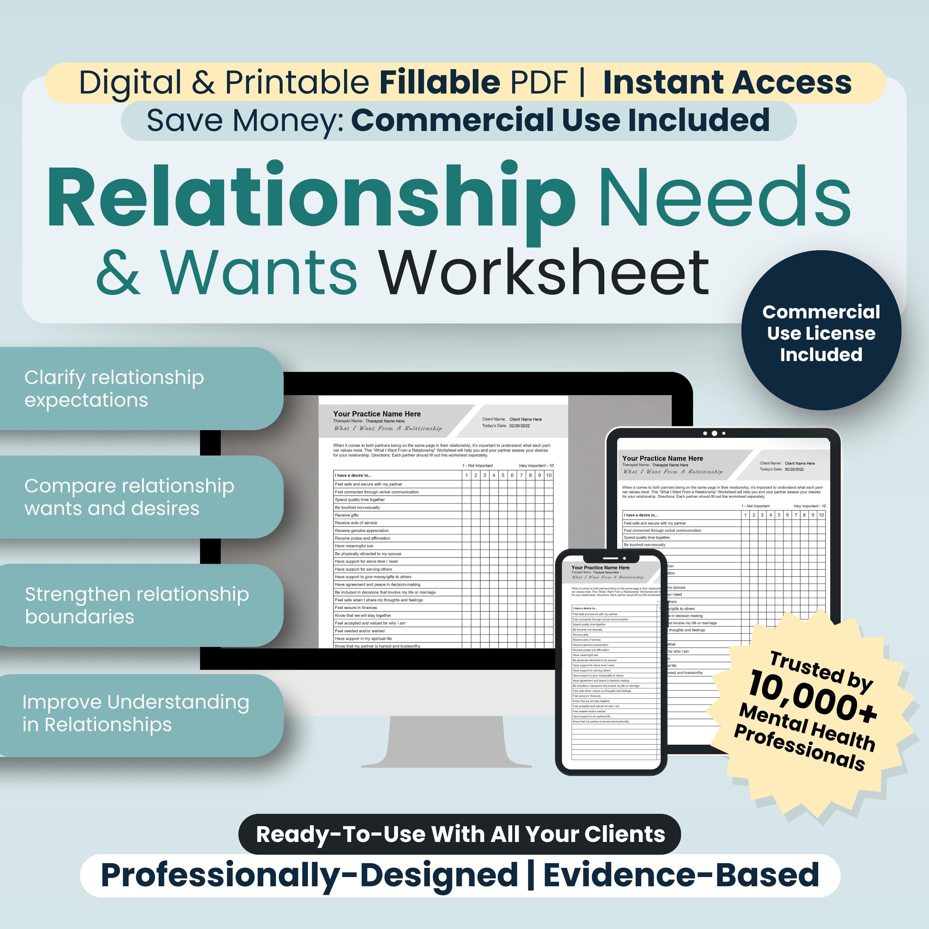 Relationship Needs and Wants Worksheet | Couples Therapy Resource ...