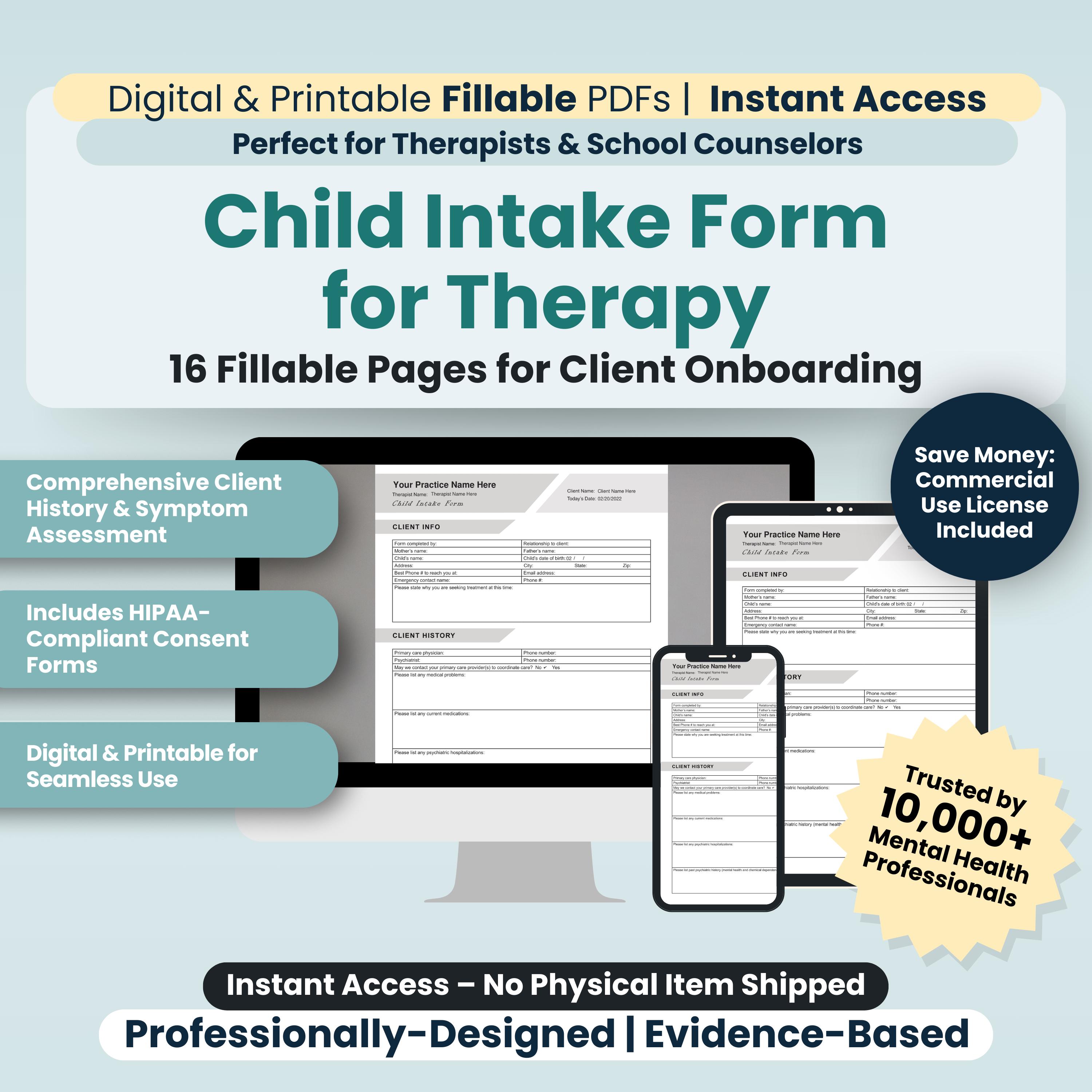 Child Intake Form for Therapy, Fillable/printable PDF, Therapist Office ...