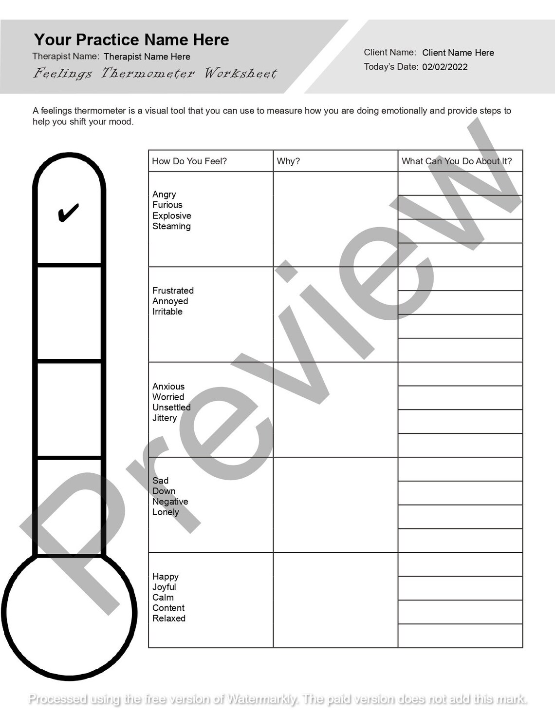 Feelings Thermometer Worksheet | Editable / Fillable PDF Template | for ...