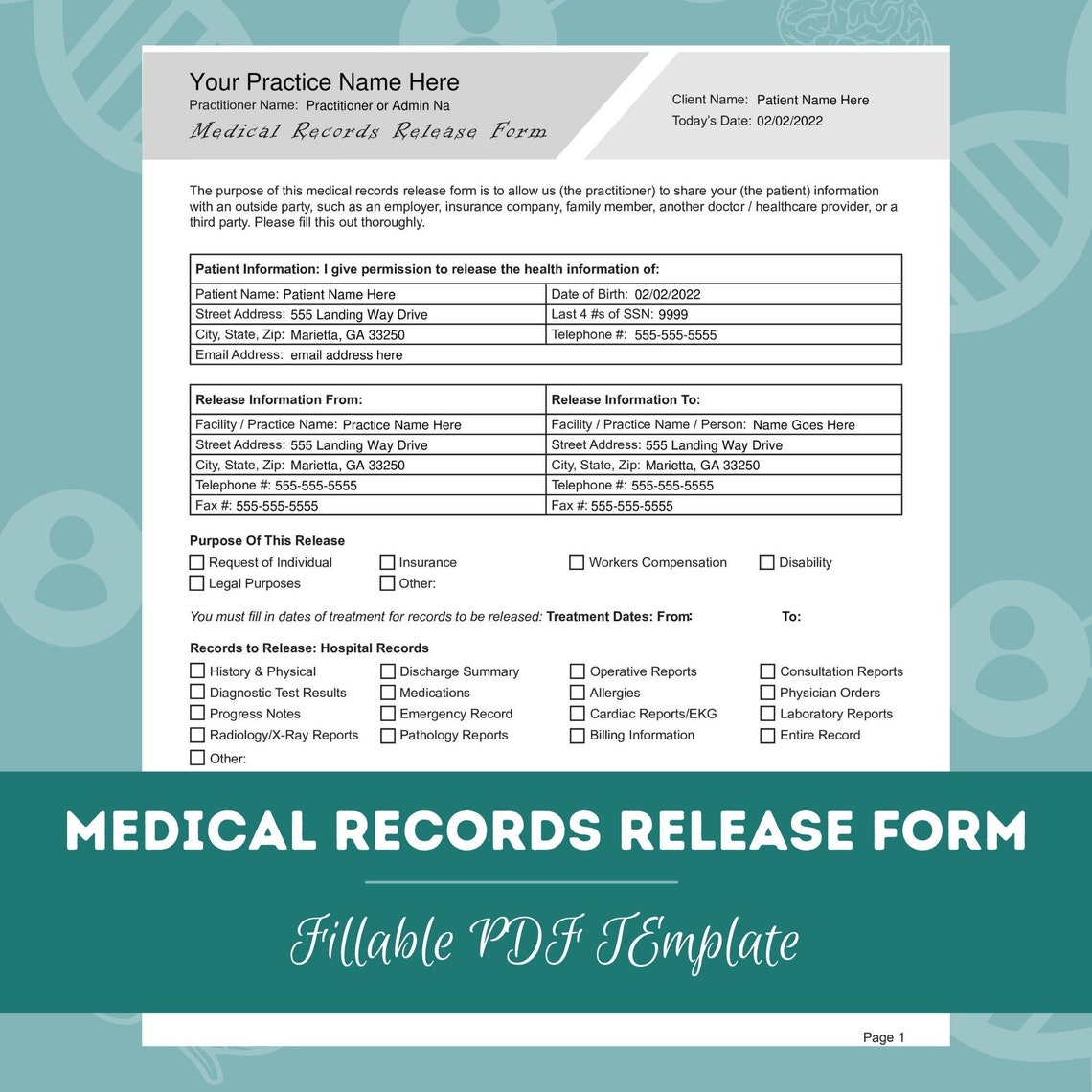 Medical Records Release Form Editable / Fillable PDF Doctors