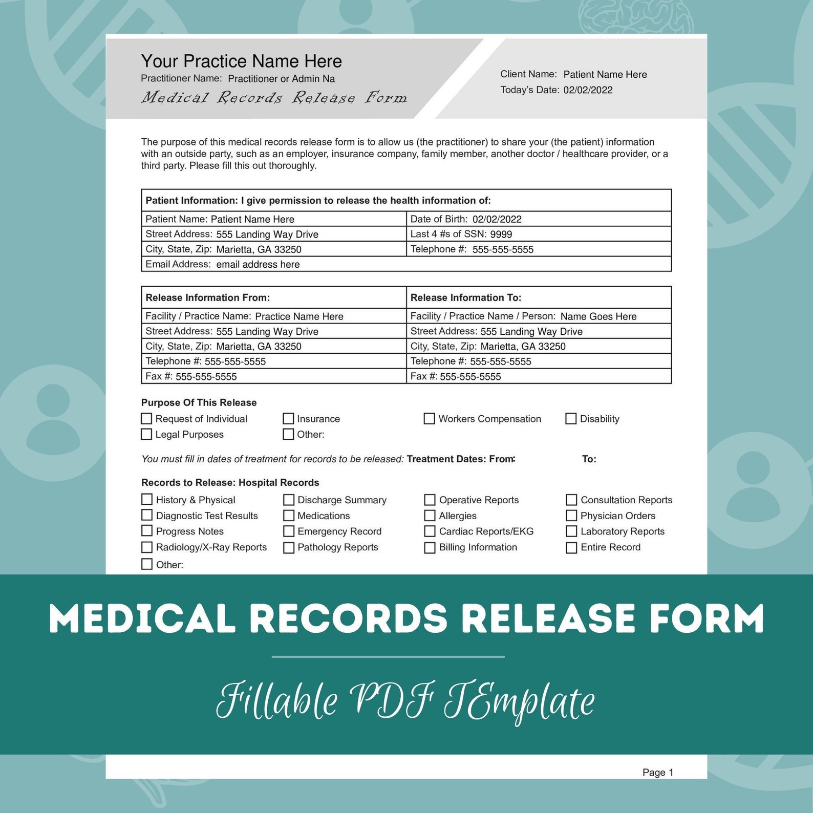 Medical Records Release Form Editable / Fillable PDF Doctors