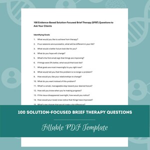 Könnte beinhalten: Ein weißes Dokument mit dem Titel "100 evidenzbasierte, lösungsorientierte Kurztherapie (SFBT)-Fragen, die Sie Ihren Klienten stellen können." Das Dokument enthält eine Liste von Fragen unter "Ziele identifizieren". Der untere Teil des Dokuments lautet "100 LÖSUNGSORIENTIERTE KURZTHERAPIE-FRAGEN" und "Ausfüllbare PDF-Vorlage."
