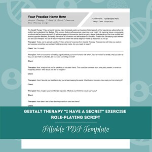 Könnte beinhalten: Eine druckbare PDF-Vorlage für eine Gestalttherapie-Rollenspielübung namens "Ich habe ein Geheimnis". Die Vorlage enthält Anweisungen für den Therapeuten und den Klienten, sich auf ein Rollenspiel einzulassen, um dem Klienten zu helfen, ein Geheimnis zu erforschen und auszudrücken, das er geheim gehalten hat.