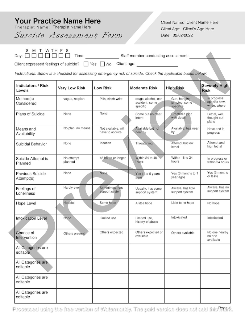 Suicide Assessment Form Template | Editable / Fillable / Printable PDF ...
