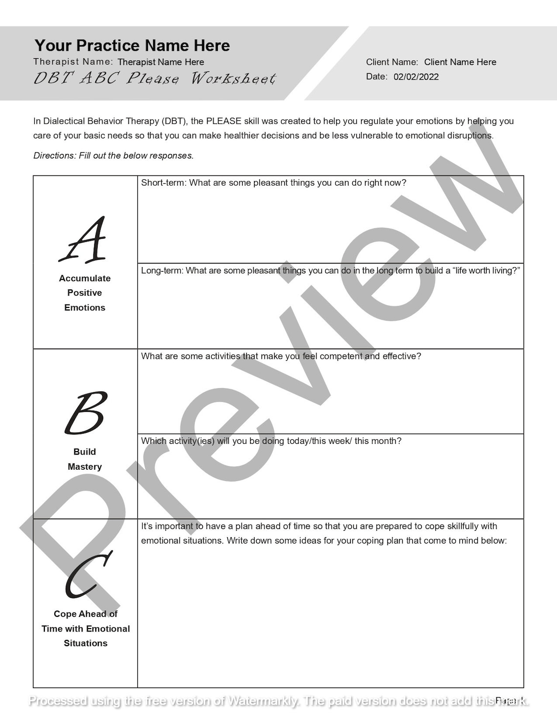 DBT ABC Please Worksheet Editable / Fillable PDF Template for DBT ABC Please Worksheet Editable / Fillable PDF Template for