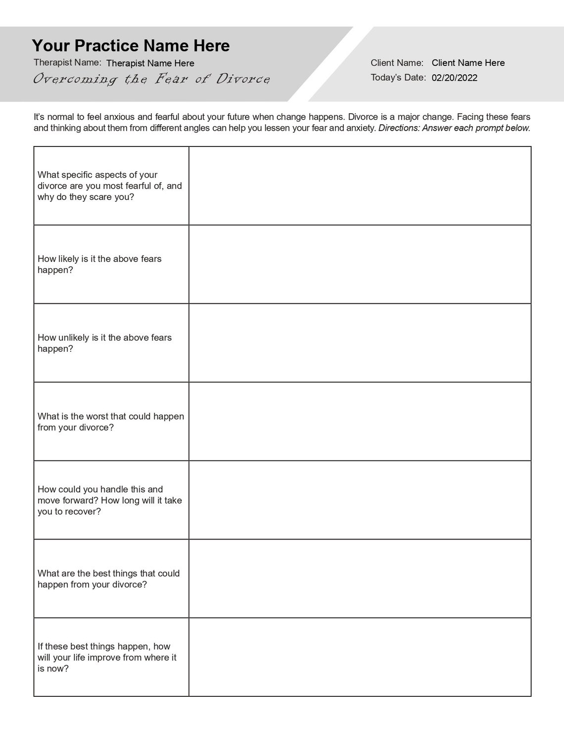 Rejection Separation Worksheet.pdf Overcoming the Fear of Divorce Worksheet | Editable / Printable ...