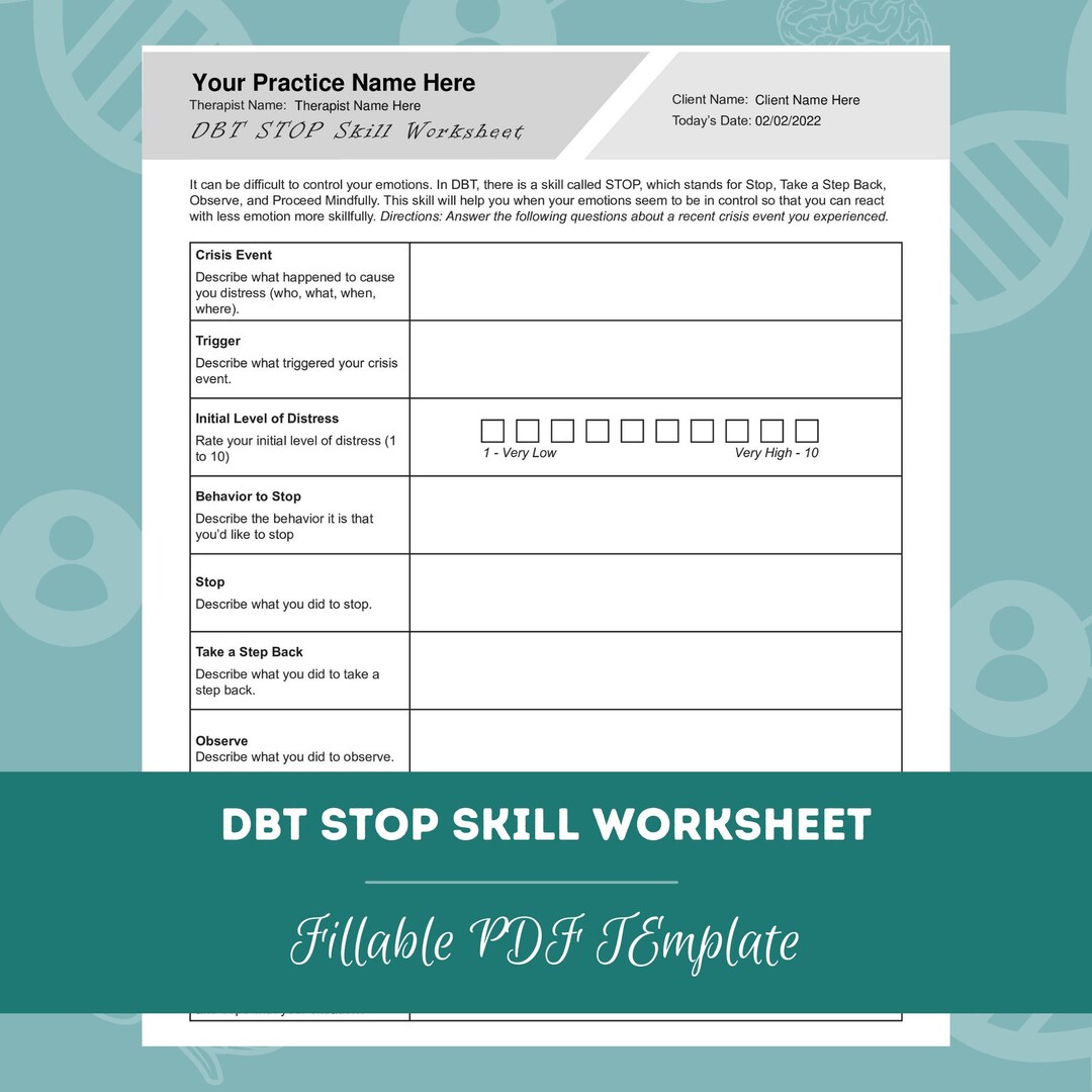 DBT STOP Skill Worksheet Editable / Fillable PDF Template - Etsy