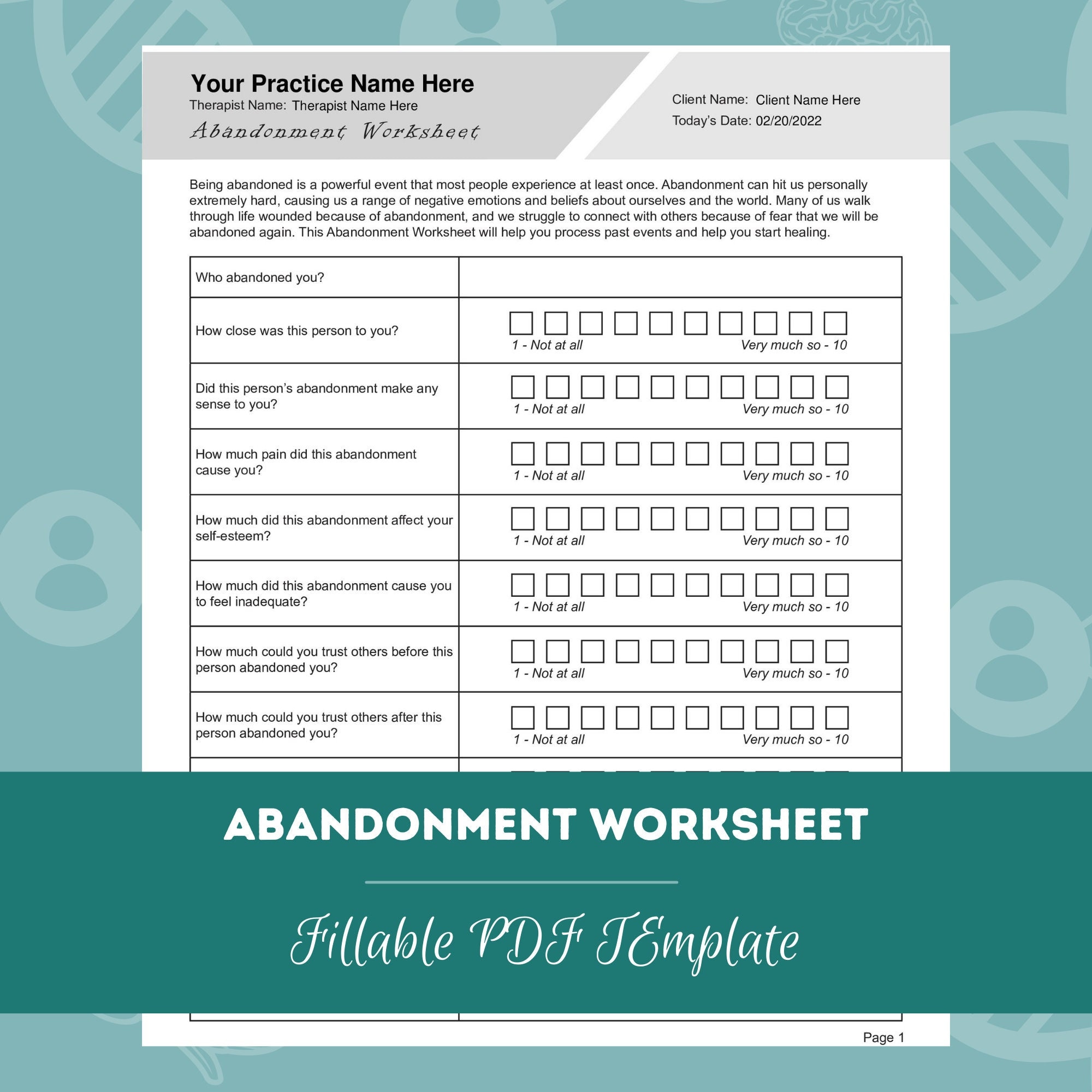 Abandonment Worksheet Editable / Fillable PDF for Counselors, Psychologists, Social Workers