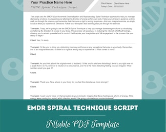 Könnte beinhalten: Eine druckbare PDF-Vorlage für das EMDR-Spiraltechnik-Skript. Das Dokument enthält ein Skript für einen Therapeuten, um einen Klienten durch die EMDR-Spiraltechnik zu führen. Das Dokument trägt den Titel "EMDR Spiral Technique Script" und "Füllbare PDF-Vorlage".