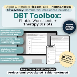 Könnte beinhalten: Eine digitale Produktliste für eine DBT-Toolbox mit ausfüllbaren Arbeitsblättern und Therapieskripten. Das Bild zeigt einen Computerbildschirm, ein Tablet und ein Telefon, auf denen die Arbeitsblätter angezeigt werden. Der Text "DBT Toolbox: Fillable Worksheets + Therapy Scripts" steht in großer Schrift oben im Bild. Der Text "Trusted by 10,000+ Mental Health Professionals" befindet sich in Form eines Sternbursts unten rechts im Bild.