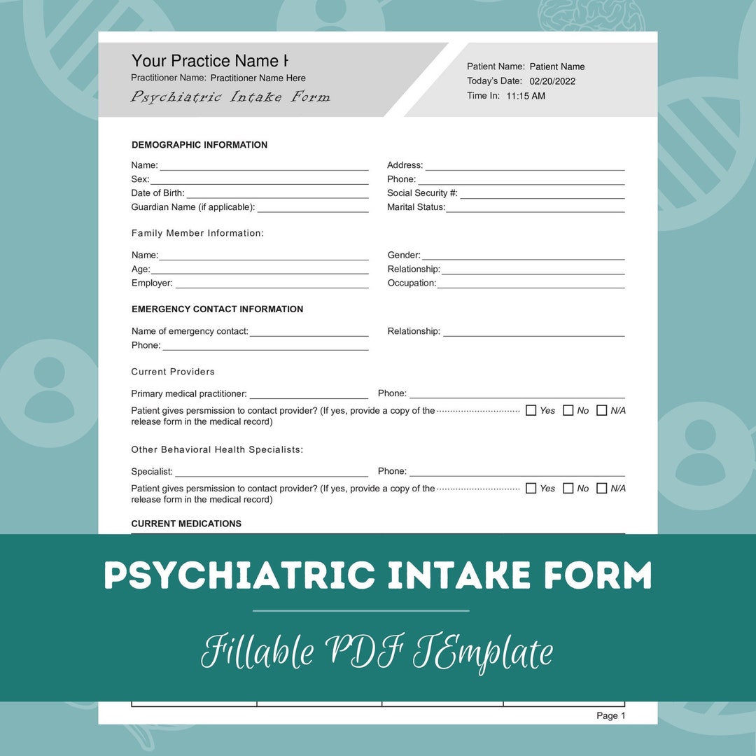 Psychiatric Intake Form PDF Template for Psychiatrists Nurse Psychiatric Intake Form PDF Template for Psychiatrists Nurse