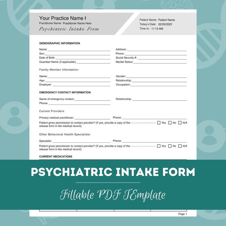 Psychiatric Intake Form PDF Template for Psychiatrists Nurse Psychiatric Intake Form PDF Template for Psychiatrists Nurse