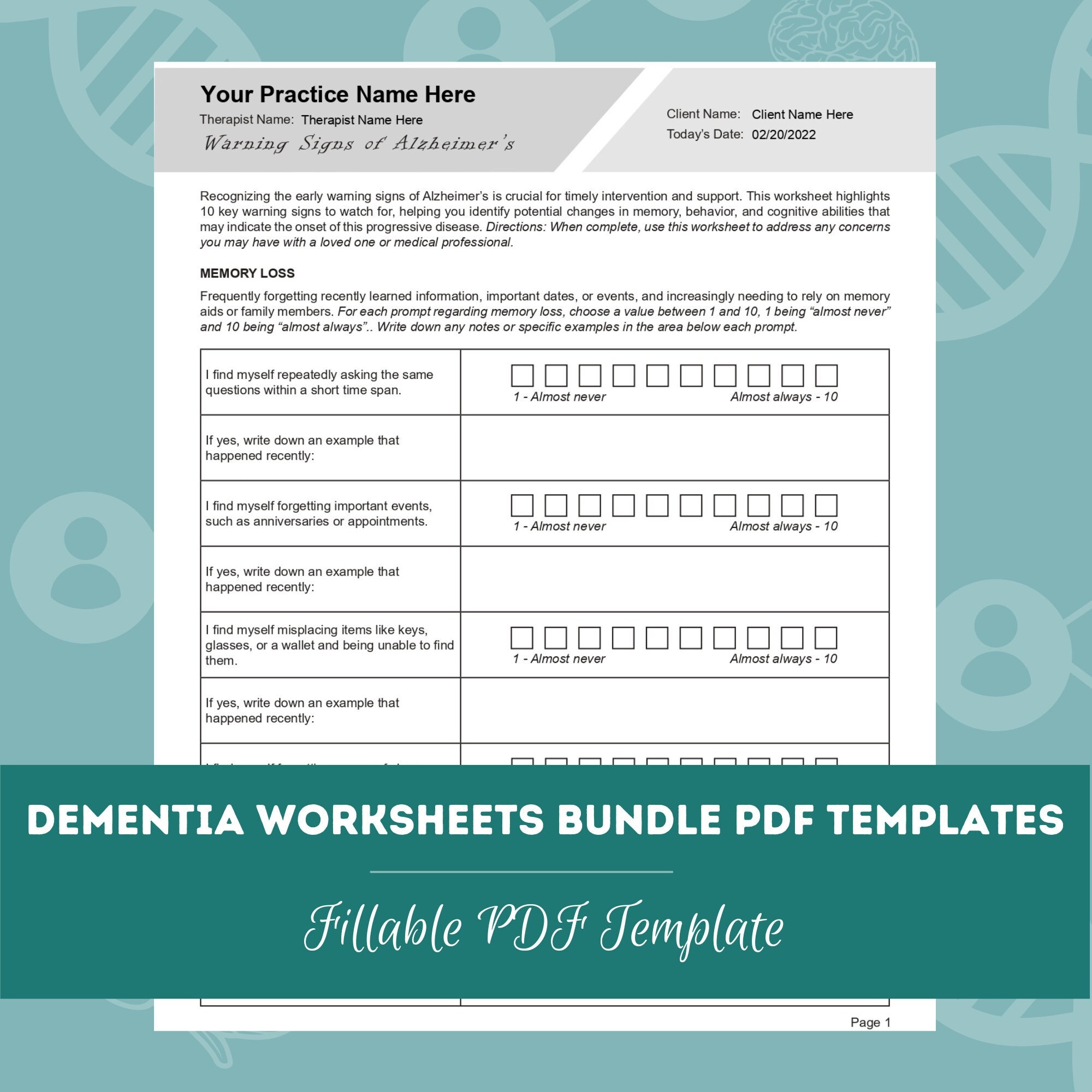 Dementia Worksheets Bundle | Fillable PDF | for Counselors