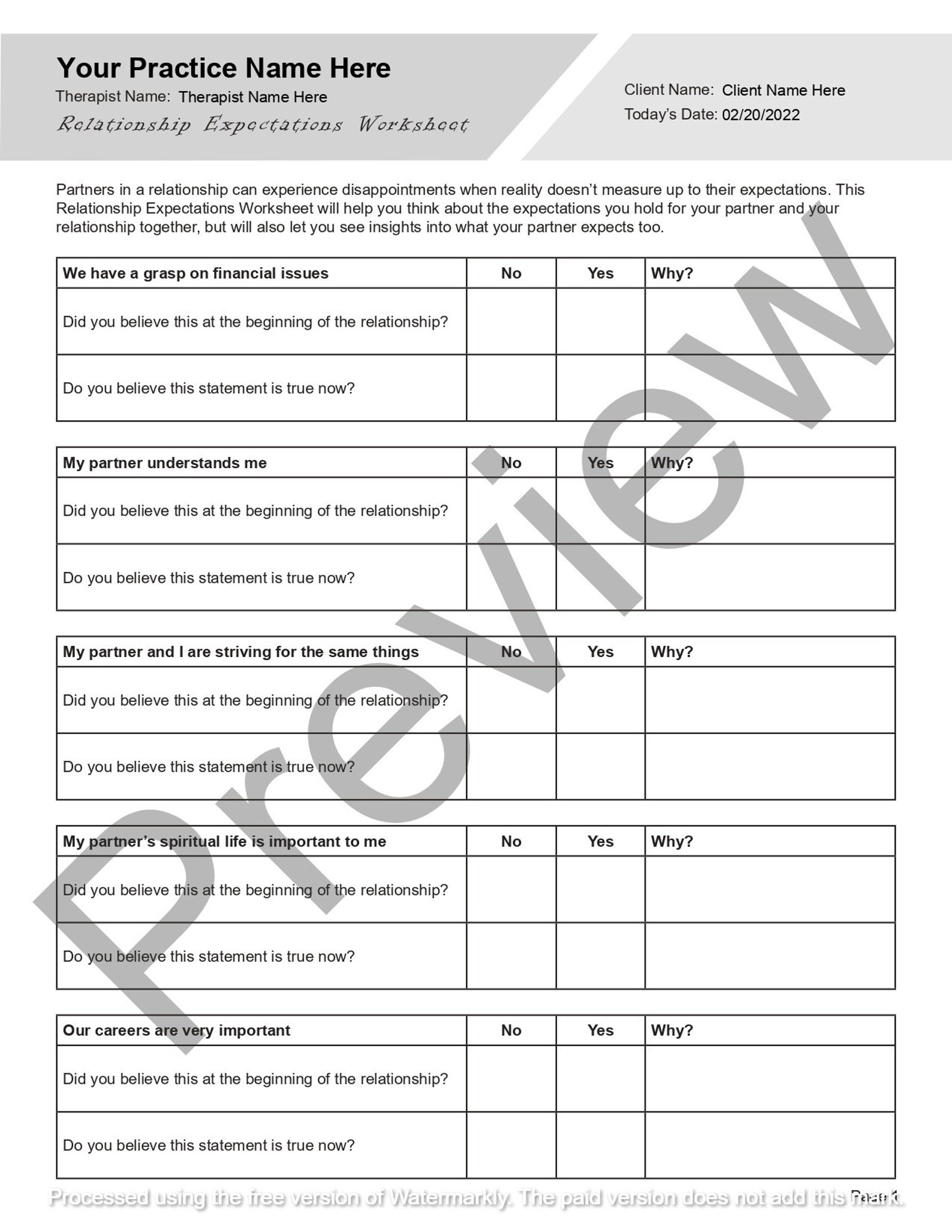 Relationship Expectations Worksheet Editable / Fillable PDF Template