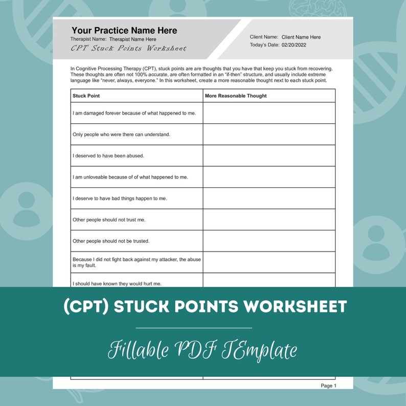 Cognitive processing therapy cpt stuck points worksheet etsy